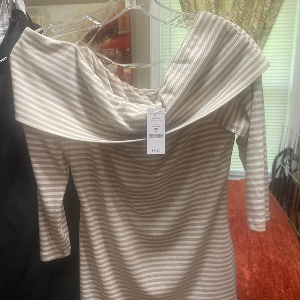 White House Black Market Beige Striped Top